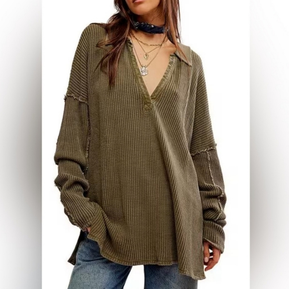 Free People We The Free Olive Green Oversized V-Neck Waffle Travis Polo Tunic